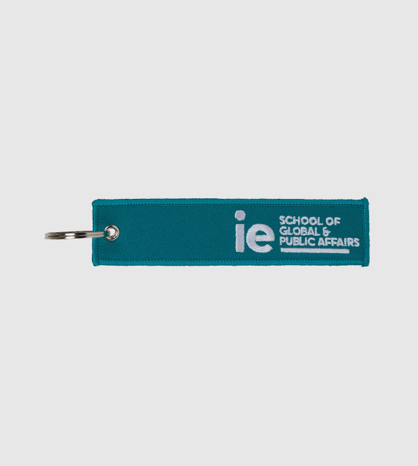 IE Global and Public Affairs Embroidery Keychain. Turquoise color front
